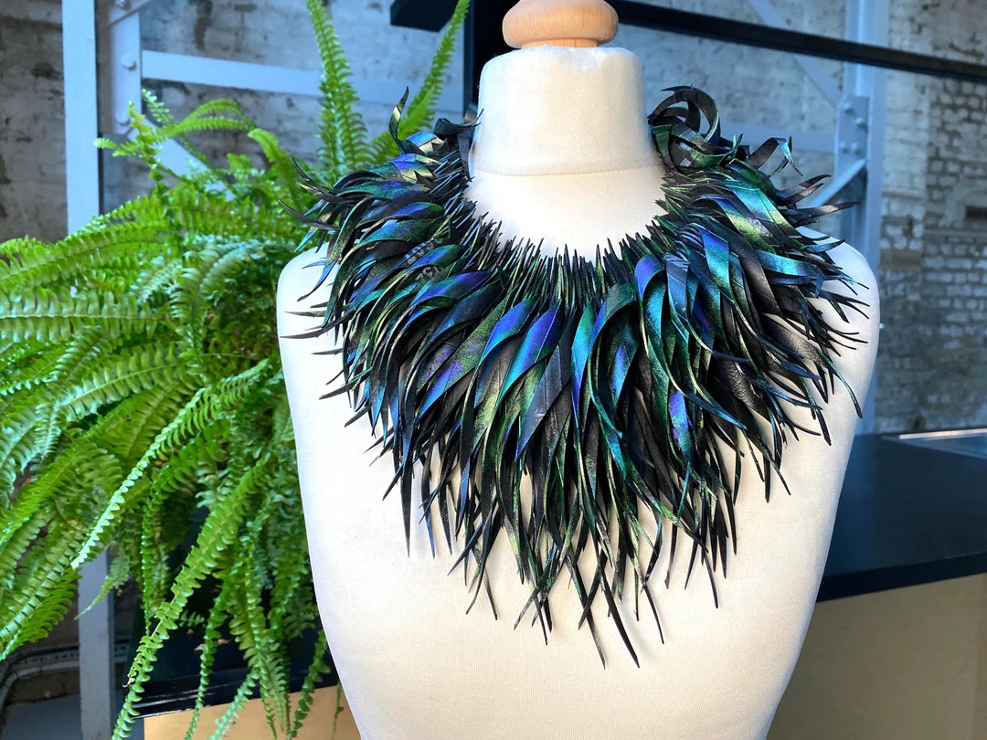 Peacock Coloured, Metallic Purple, Green, Blue Recycled Tyre Rubber Statement Necklace, Eco-frien... | Etsy (US)