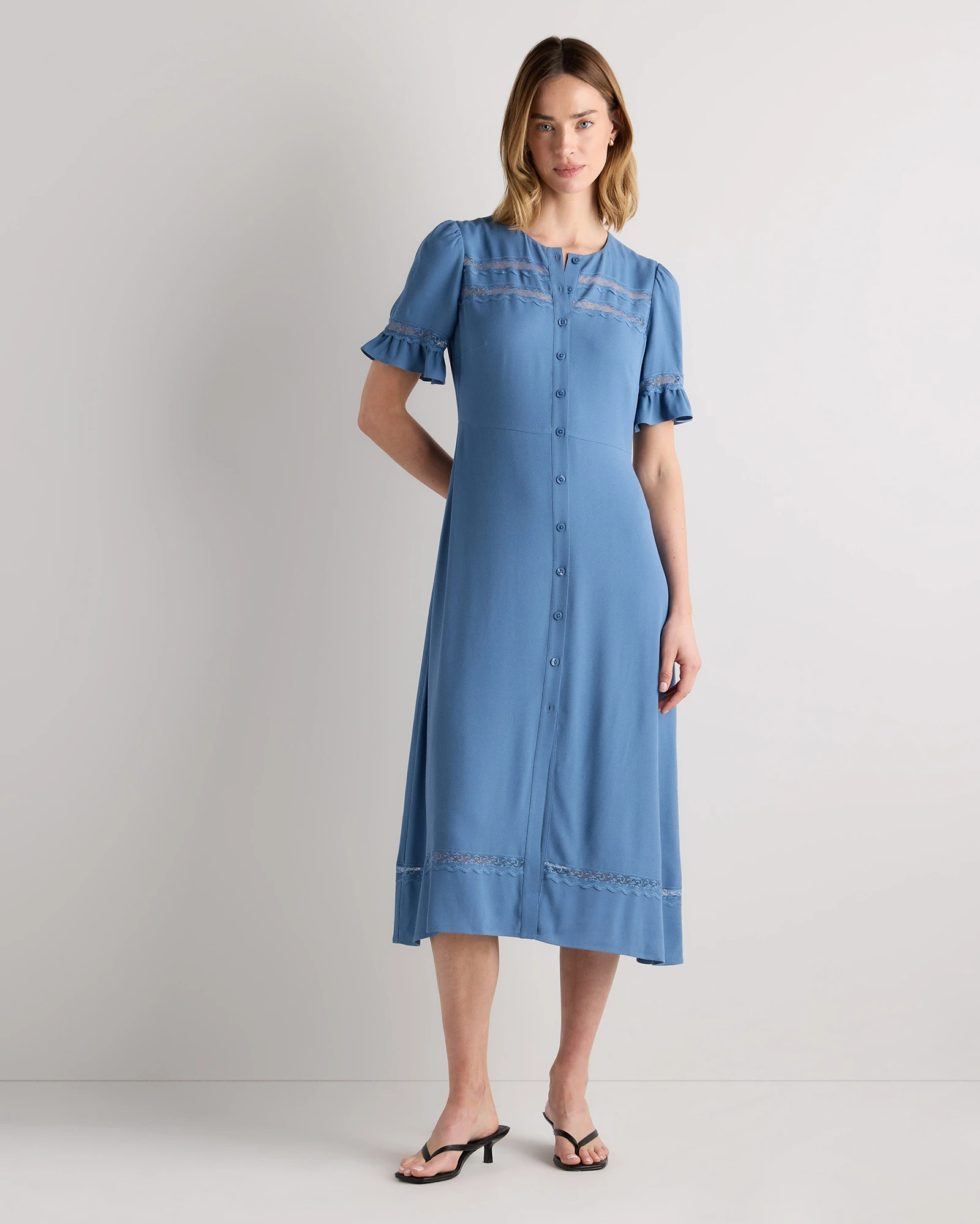 Lightweight Crepe Lace Inset Midi Dress in Shell Pink | Quince