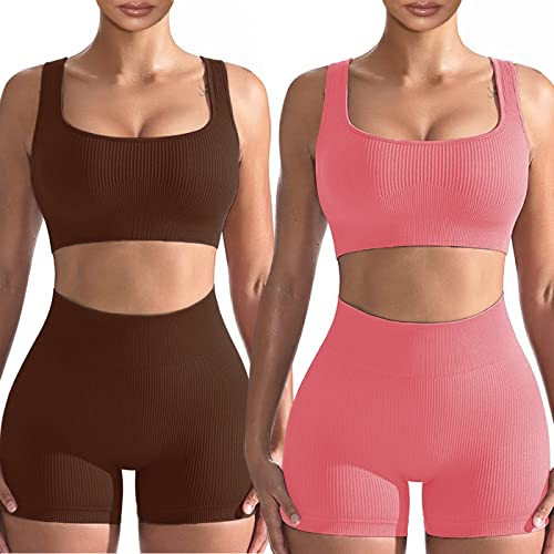 Workout Sets for Women 2 Piece, Cute Yoga Set, Two Piece Outfits, 2 Pack (M, Pink+Coffee) | Amazon (US)