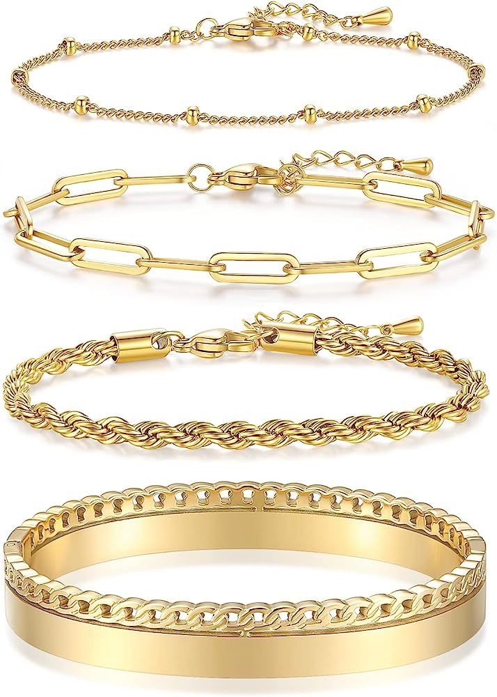 Chrishine Life Dainty Gold Bracelets for Women 18K Gold Plated Adjustable Stackable Bracelets Set Cu | Amazon (US)