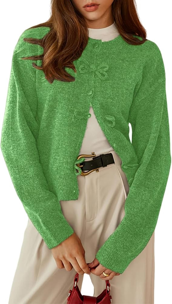 Women's Bow Knot Cardigan Crew Neck Long Sleeve Button Down Knit Cropped Sweater Tops | Amazon (US)