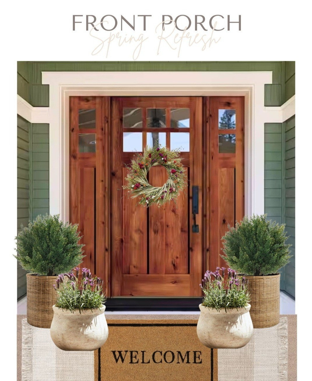 Front porch spring decor / Front door / Wreath / planters / flowers / topiary / welcome mat

#LTKSeasonal #LTKHome #LTKFindsUnder100