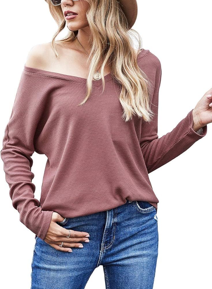 Aifer Women's Casual V-Neck Off Shoulder Batwing Sleeve Pullover Sweater Tops | Amazon (US)