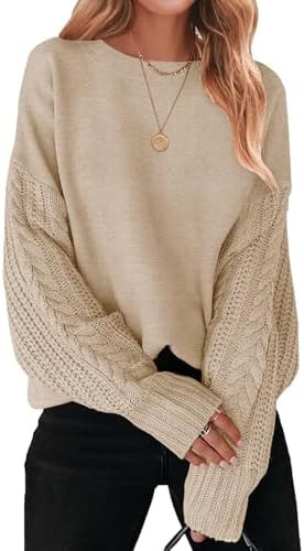 ZESICA Women's 2026 Fall Long Sleeve Crew Neck Solid Color Cable Knit Chunky Casual Oversized Pul... | Amazon (US)