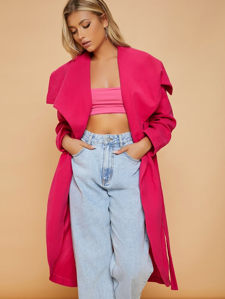 SHEIN Waterfall Collar Slant Pockets Belted Overcoat | SHEIN