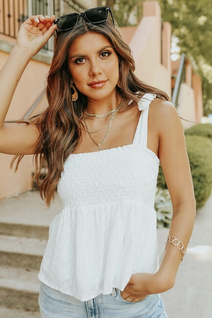 Tie Strap Smocked White Embroidered Top - FINAL SALE | Magnolia Boutique
