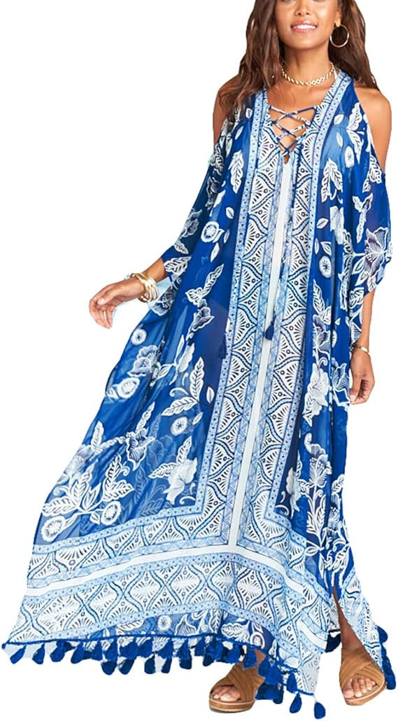 Eddoyee Chiffon Loose Kaftan Dresses for Women Beach Caftan Swimsuit Cover Up | Amazon (US)