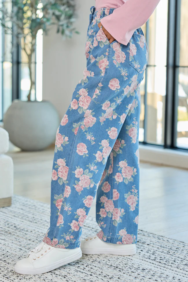 Maeve Rose Print Barrel Pull-On Jeans | Pink Lily