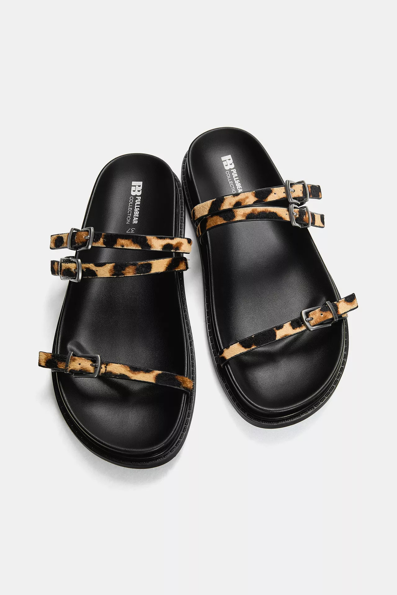 Leopard print leather flat slider sandals | PULL and BEAR UK