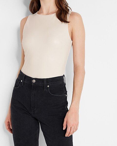 Body Contour Faux Leather High Neck Thong Bodysuit | Express