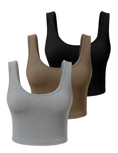 SPRIMEMONG Women's Ribbed Crop Tank Yoga Cropped Top for Workout(Black,Grey,Cedar Brown,M) | Amazon (US)