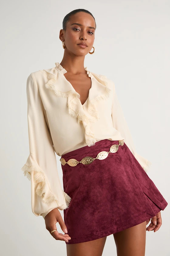 Marieanne Burgundy Suede Faux-Wrap Skort | Lulus