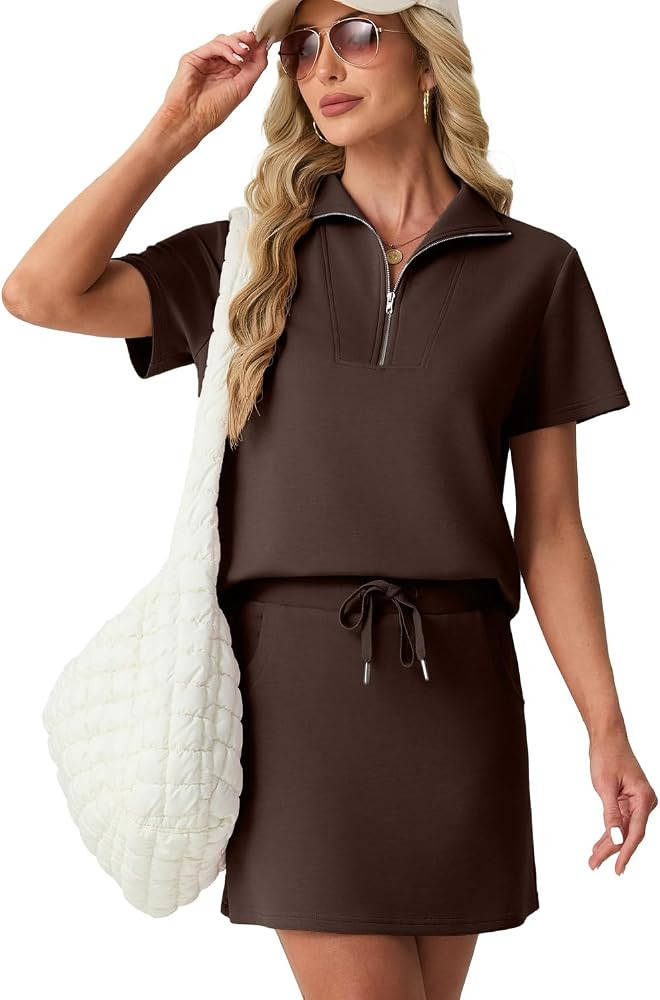 GRECERELLE Women's Summer 2 Piece Skort Set Half Zip Short Sleeve Top & Pocketed Tennis Skirt For Sports & Vacations. | Amazon (US)