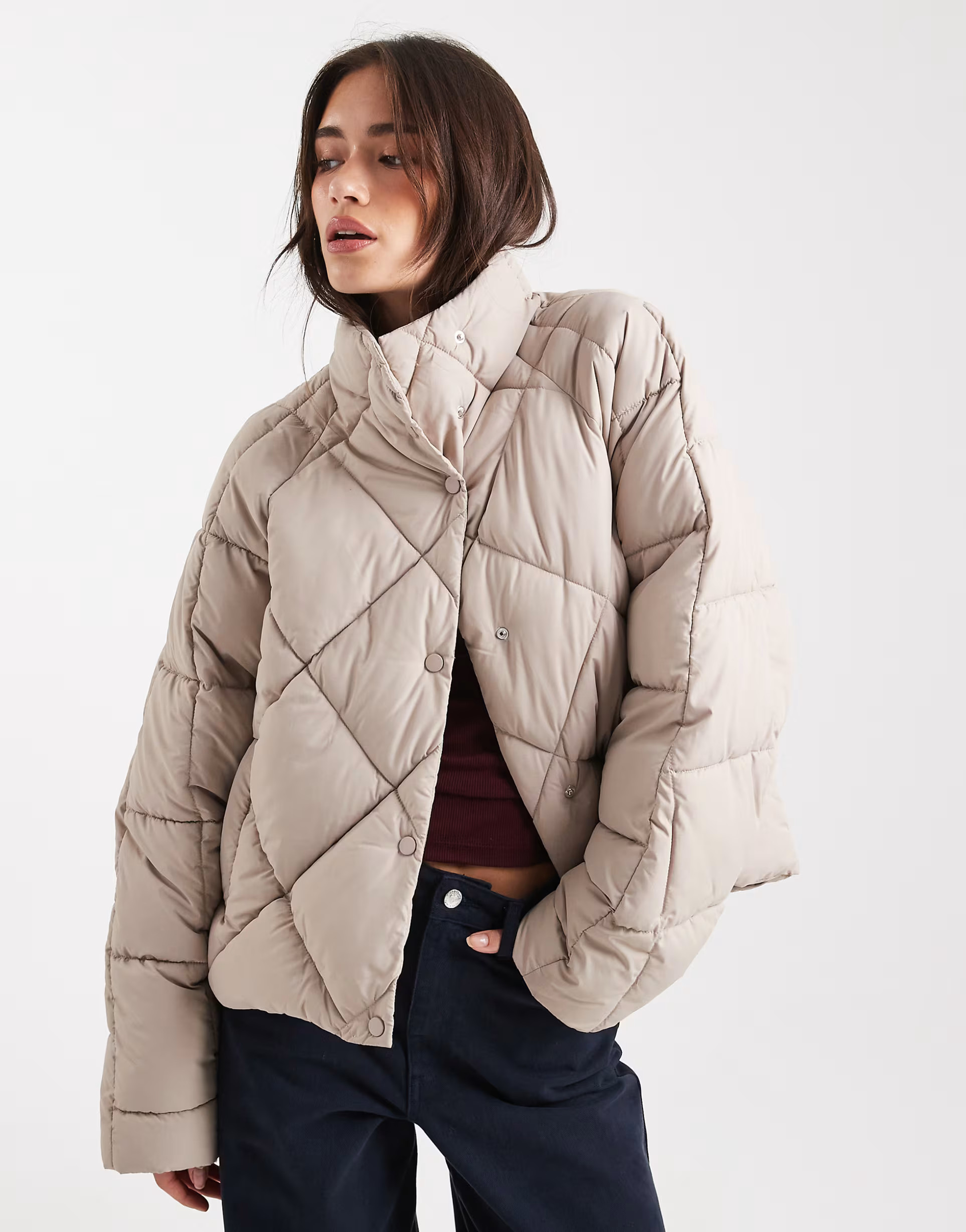 Miss Selfridge oversized quilted funnel neck crop puffer jacket in mocha | ASOS | ASOS (Global)