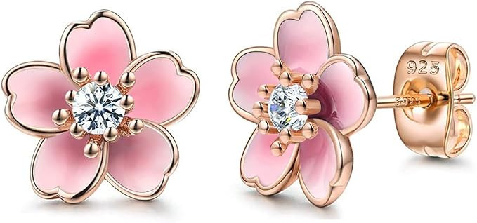 Pink Flower Earrings for Women, 925 Sterling Silver Stud Earrings, Cute Plumeria Earrings For Gir... | Amazon (US)