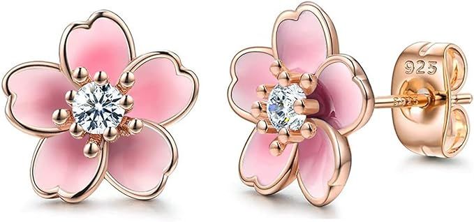 Pink Flower Earrings for Women, 925 Sterling Silver Stud Earrings, Cute Plumeria Earrings For Gir... | Amazon (US)