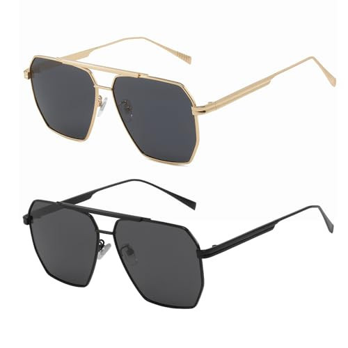 BUTABY Retro Sunglasses for Women Men Vintage Oversized Square Sun Glasses Classic Polarized Shades Large Metal Frame UV400 Gold Grey & Black Grey | Amazon (US)