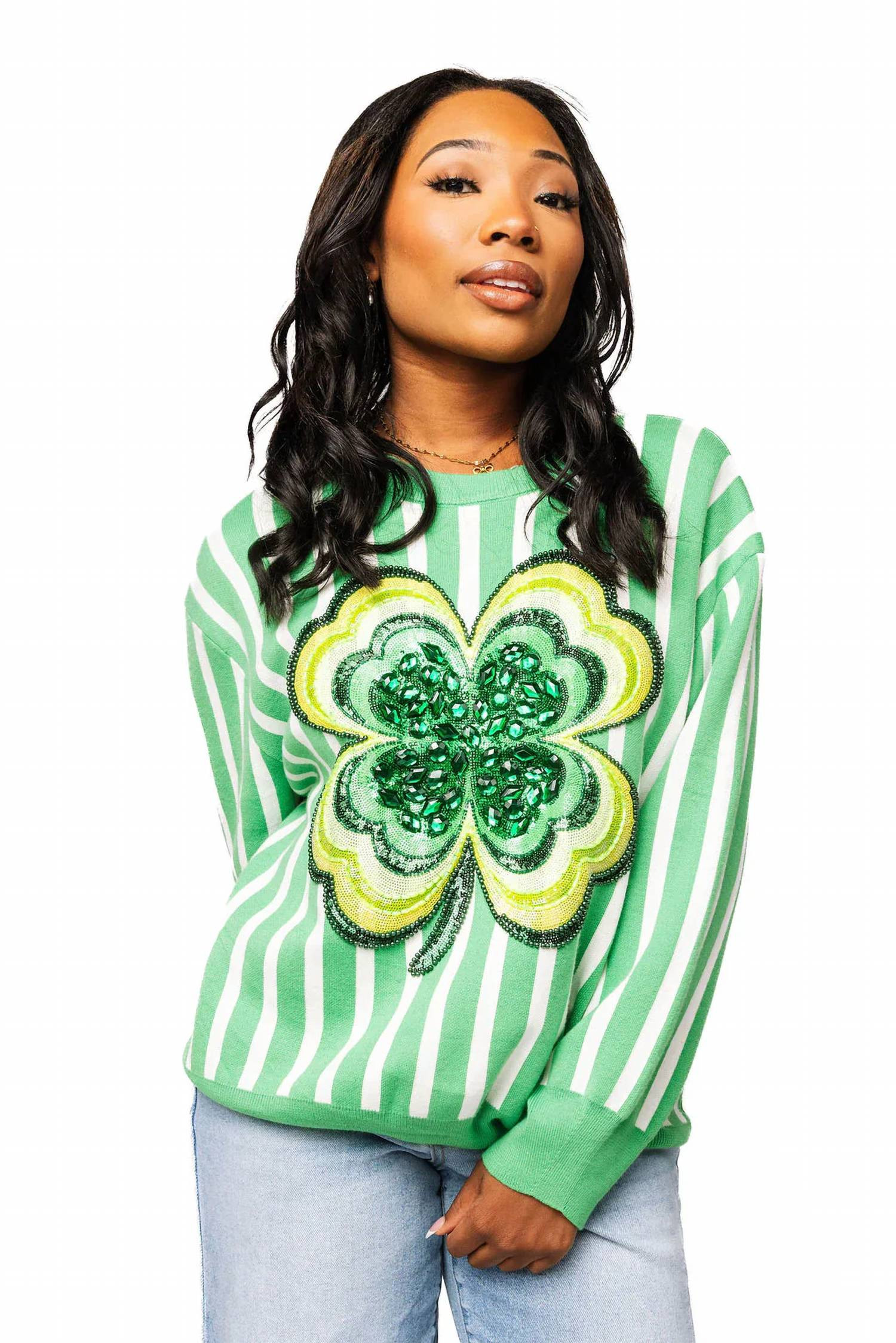 Stripe Shamrock Sweater In Green & White | Shop Simon
