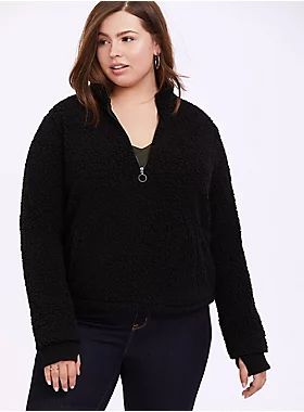 Black Faux Sherpa Half-Zip Front Active Teddy Pullover | Torrid