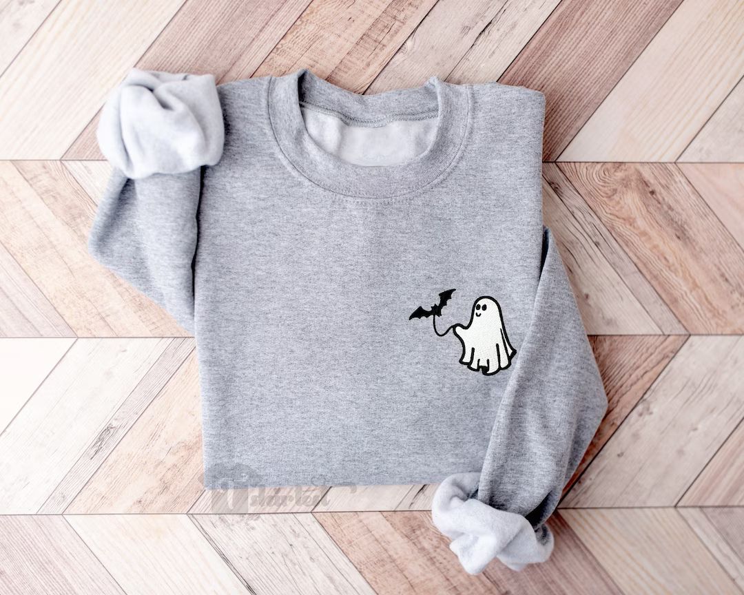 Embroidered Ghost Sweatshirt With Bat Cute Halloween - Etsy | Etsy (US)