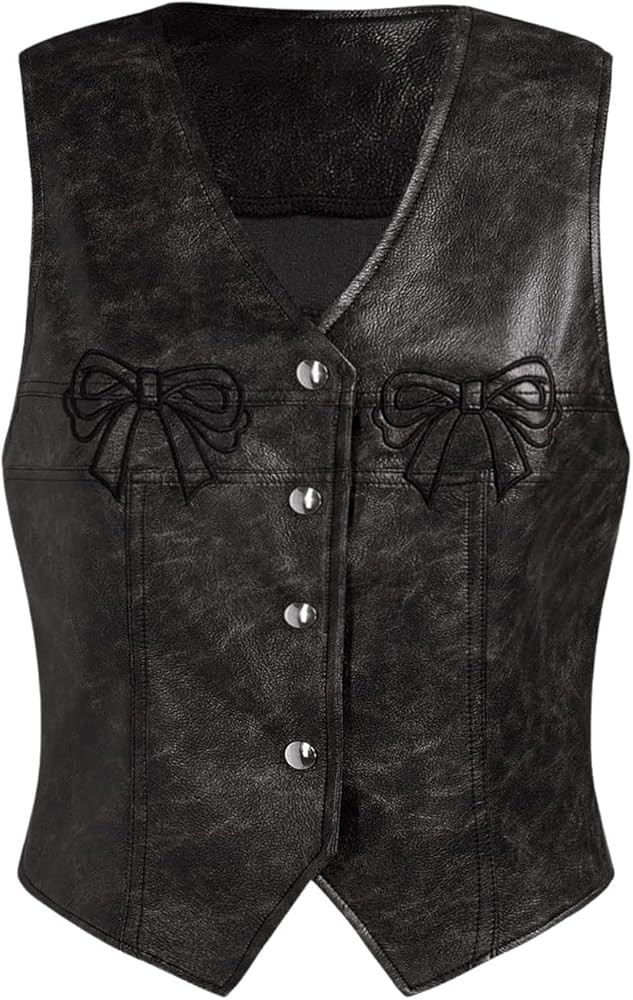 MakeMeChic Women's PU Leather Bow Vest Blazers Button Down Asymmetrical Crop Y2K Waistcoats Jacke... | Amazon (US)