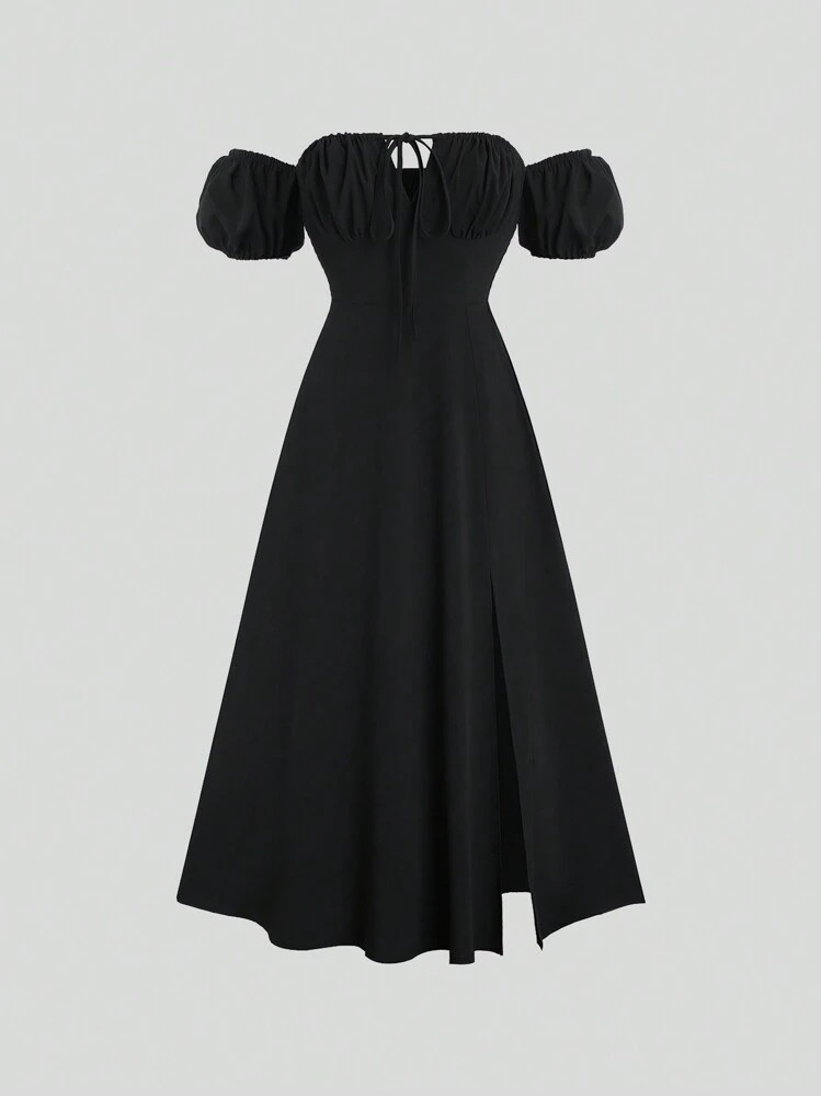 Sweetra Tie Off Shoulder Puff Sleeve Bodycon Dress With Textured Fabric Maxi Women Outfit | SHEIN