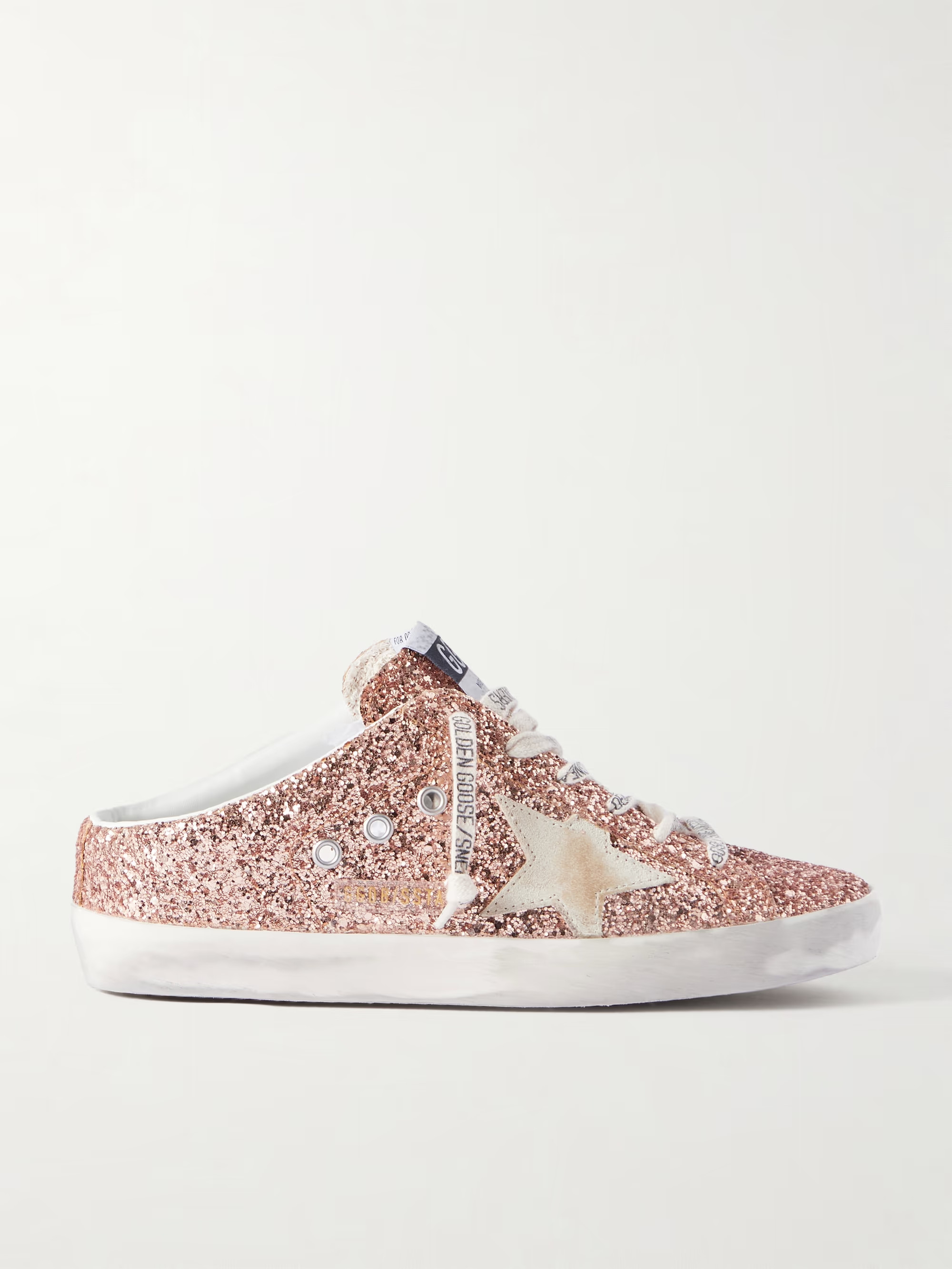 Super-Star Sabot distressed suede-trimmed glittered leather slip-on sneakers | NET-A-PORTER (US)