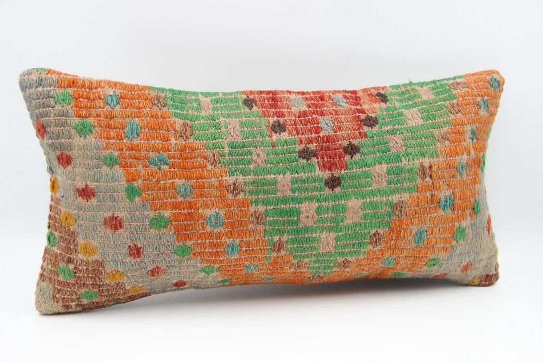 Handmade Kilim Lumbar Pillow Cover, Vintage Turkish Oriental Cushion (10x20 Inch) - Etsy | Etsy (US)