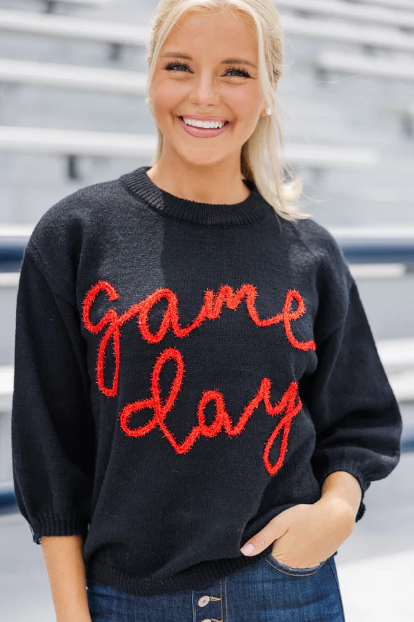 It's Game Day Black/Red Puff Sleeve Sweater | The Mint Julep Boutique