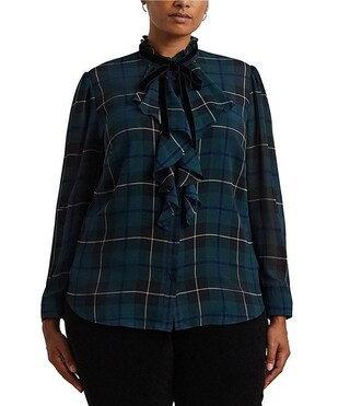Lauren Ralph Lauren Plus Size Plaid Ruffle Trim Crinkle Georgette Banded Collar Long Sleeve Shirt... | Dillard's