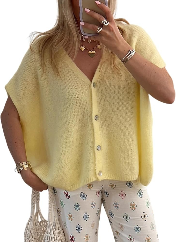 Gihuo Women's Short Sleeve Sweater Cardigan Y2K Button Down Ribbed Knit Sweaters V Neck Oversized... | Amazon (US)