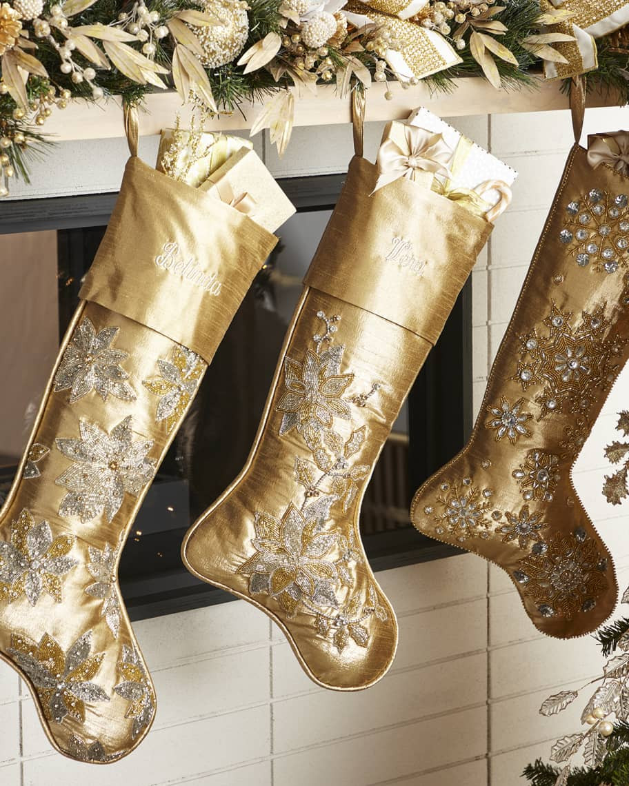 D. Stevens Metallic Dupion Beaded Poinsettia Stocking | Neiman Marcus