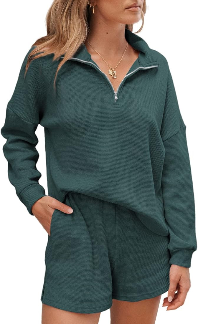 Aleumdr Women's 2 Piece Outfits Zipper Waffle Knit Lounge Sets Long Sleeve Shorts Outfits Pjs wit... | Amazon (US)