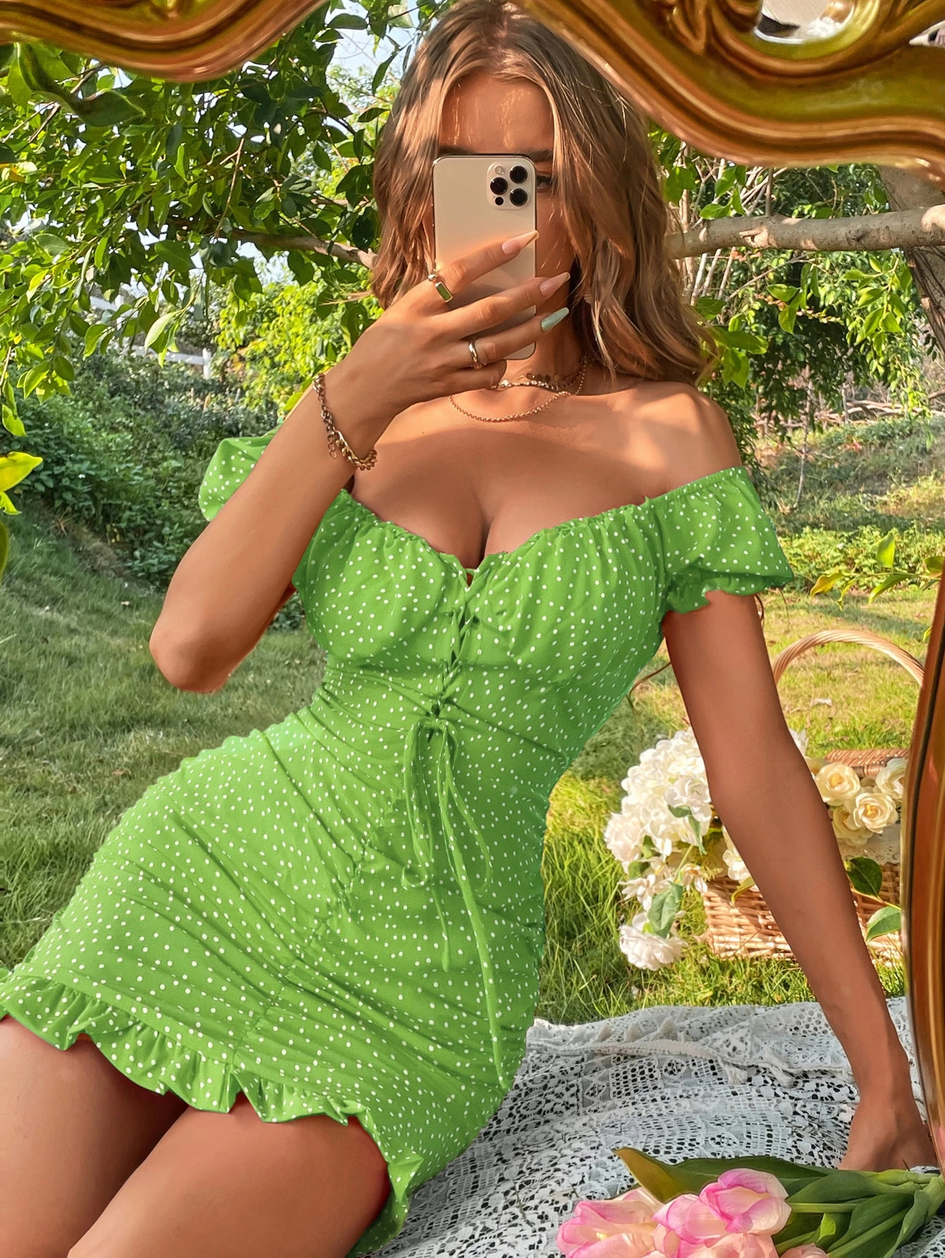 Polka Dot Lace Up Front Off Shoulder Ruffle Hem Bodycon Dress | SHEIN