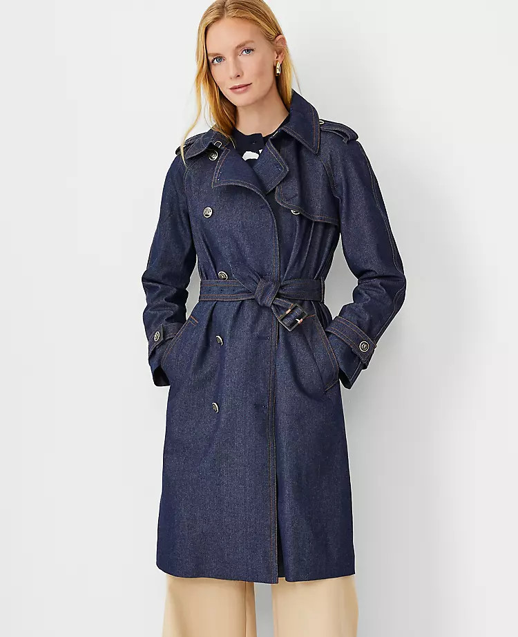 Petite Denim Long Raglan Trench Coat | Ann Taylor (US)