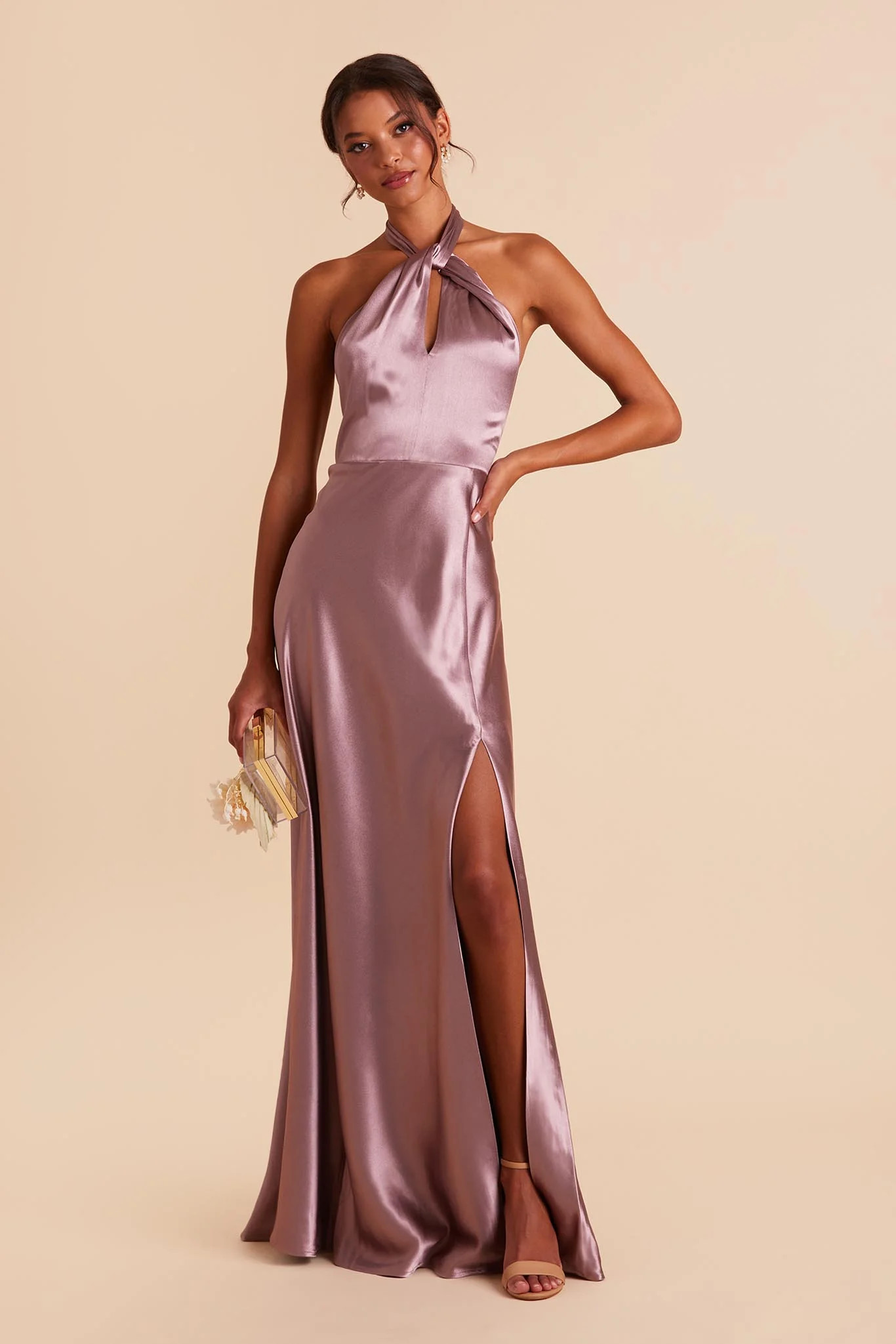 Monica Shiny Satin Dress - Dark Mauve | Birdy Grey