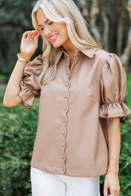Laugh a Little Camel Scalloped Leather Blouse | The Mint Julep Boutique
