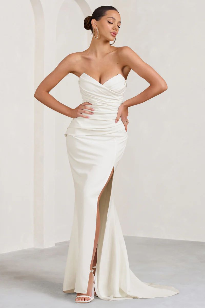 Elene | White Pleated Split Fishtail Maxi Dress | Club L London