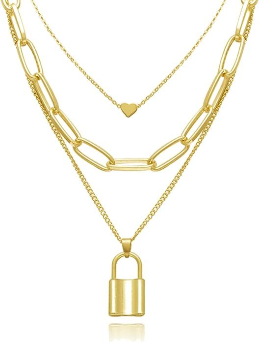 Punk Gold Layered Lock Necklace for Women 14K Gold Plated Paperclip Chain Link Necklace Padlock P... | Amazon (CA)