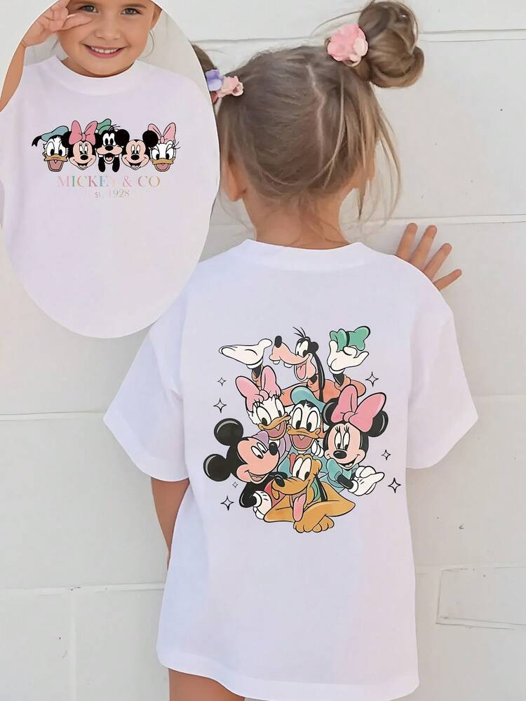 Disney Mickey Minnie Donald Daisy Goofy Pluto Double-Sided Printed Pattern T-Shirts For Girls - Children's Clothing Design Short-Sleeved Casual And Cute Style Comfortable And Casual Wear All Year Round Suitable For Parties And Play Machine Washable Gift Children's Clothing Girls' Short-Sleeved Shirts | SHEIN