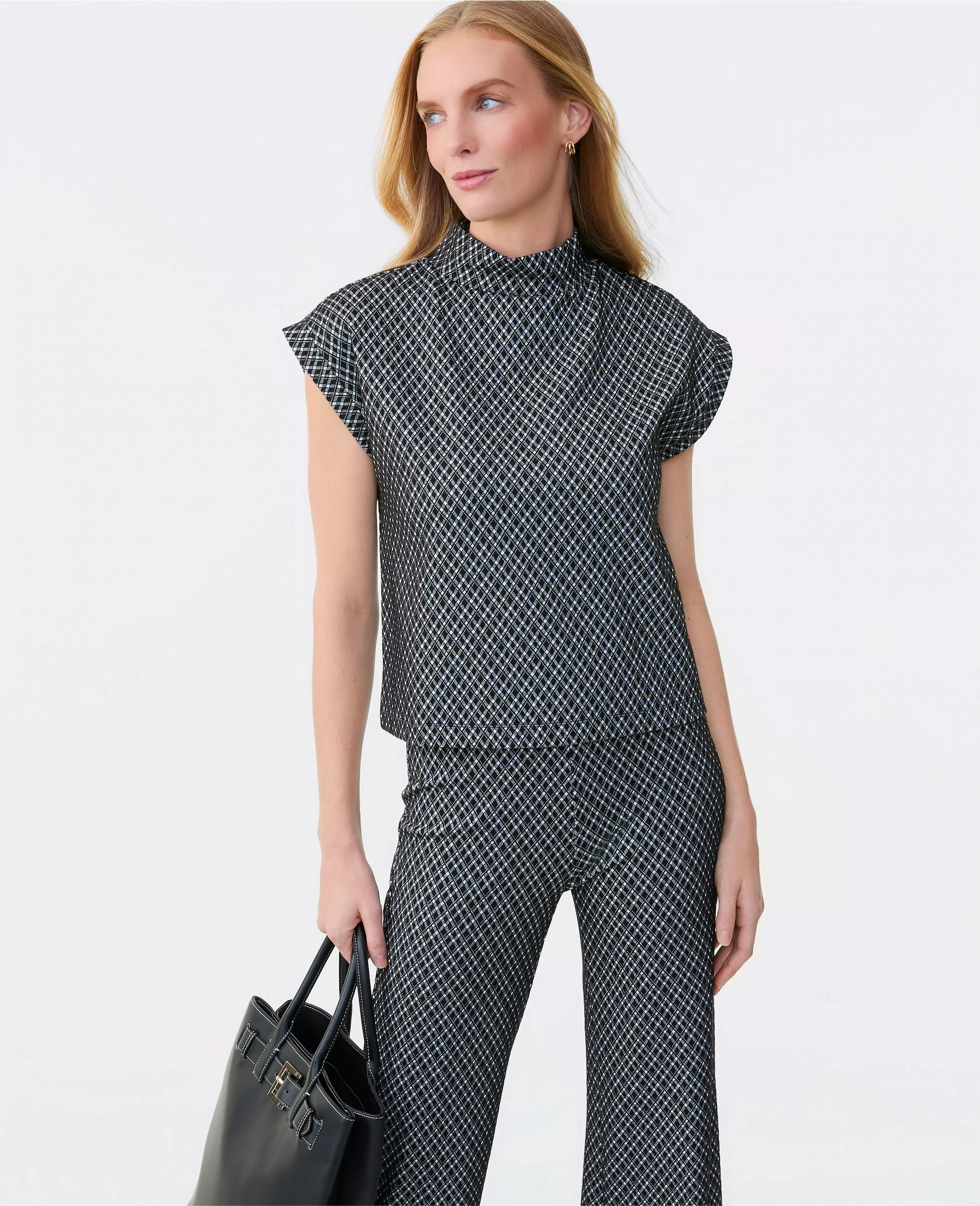 Plaid Ponte Mock Neck Top | Ann Taylor