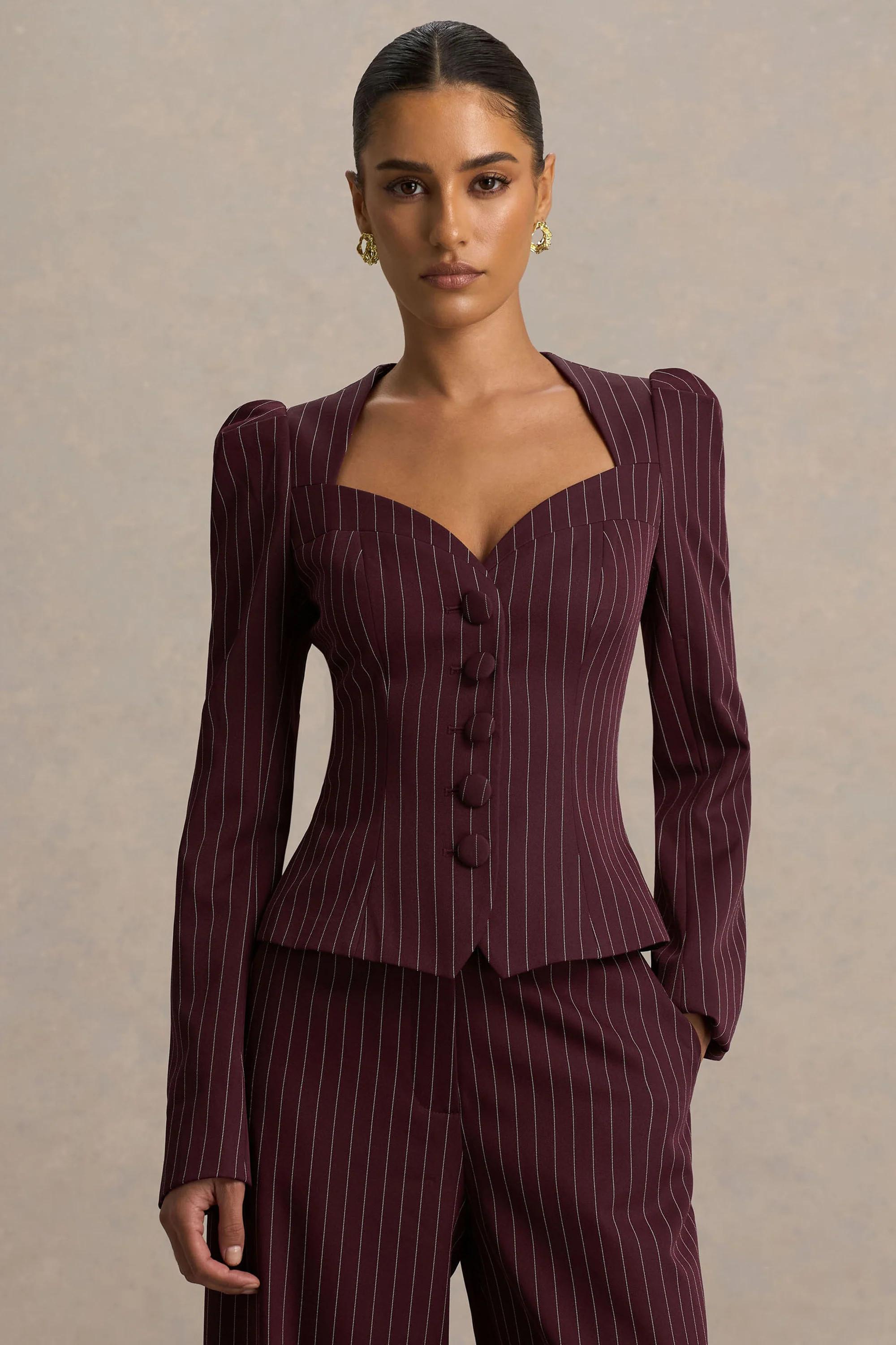 Lana  Burgundy Pinstripe Woven Sweetheart-Neck Tailored Top | Club L London