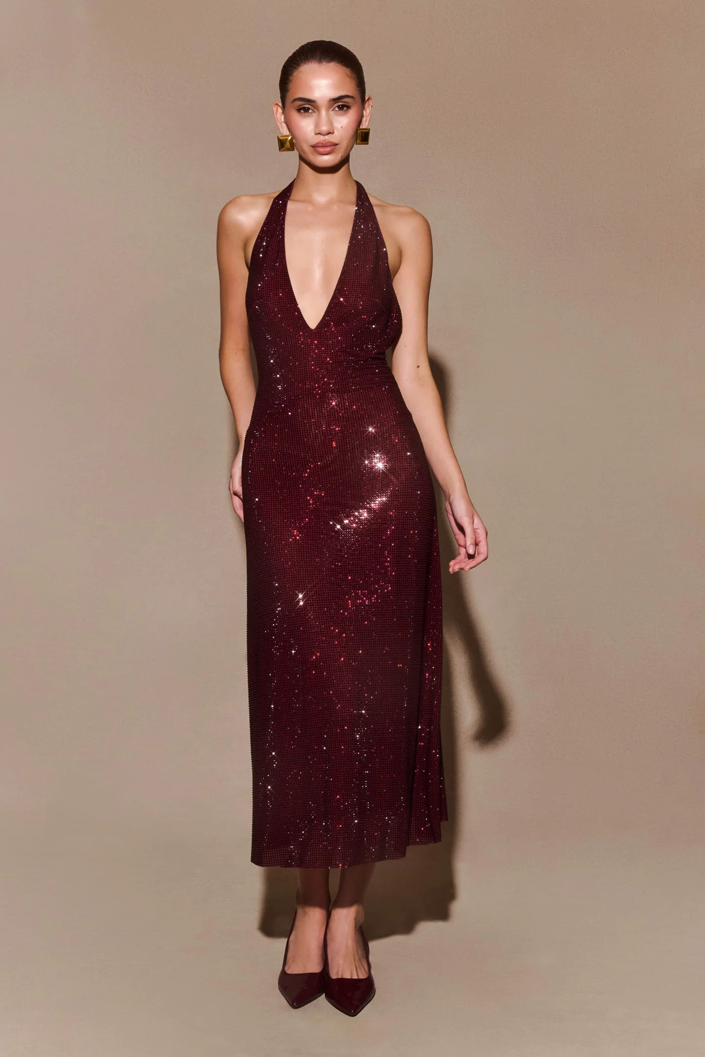 Genie Diamante Halter Midi Dress - Mahogany | MESHKI US