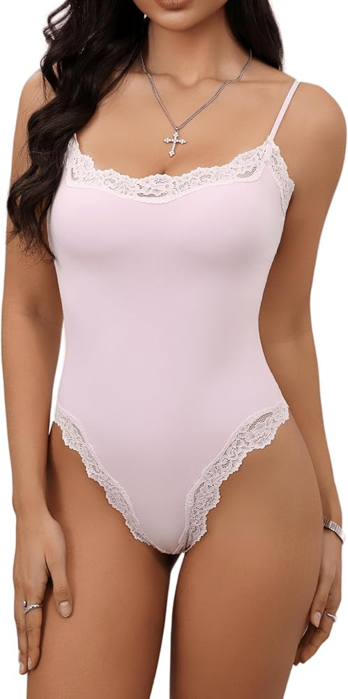 Starrylion Lace Body Suit Square Neck Tops for Women Sleeveless Spaghetti Strap Tank Top Bodysuit... | Amazon (US)