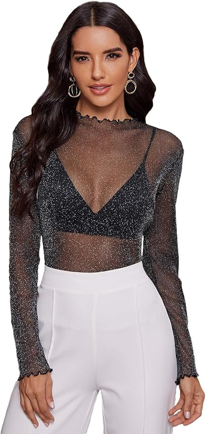 Floerns Women's Long Sleeve Slim Fit See Through Sheer Mesh Top | Amazon (US)
