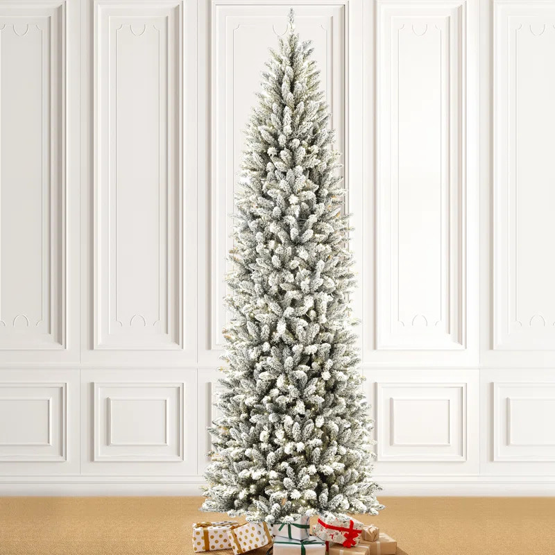 The Holiday Aisle® Johvan Slender Pre-Lit Flocked/Frosted Fir Christmas Tree with Lights & Revie... | Wayfair North America