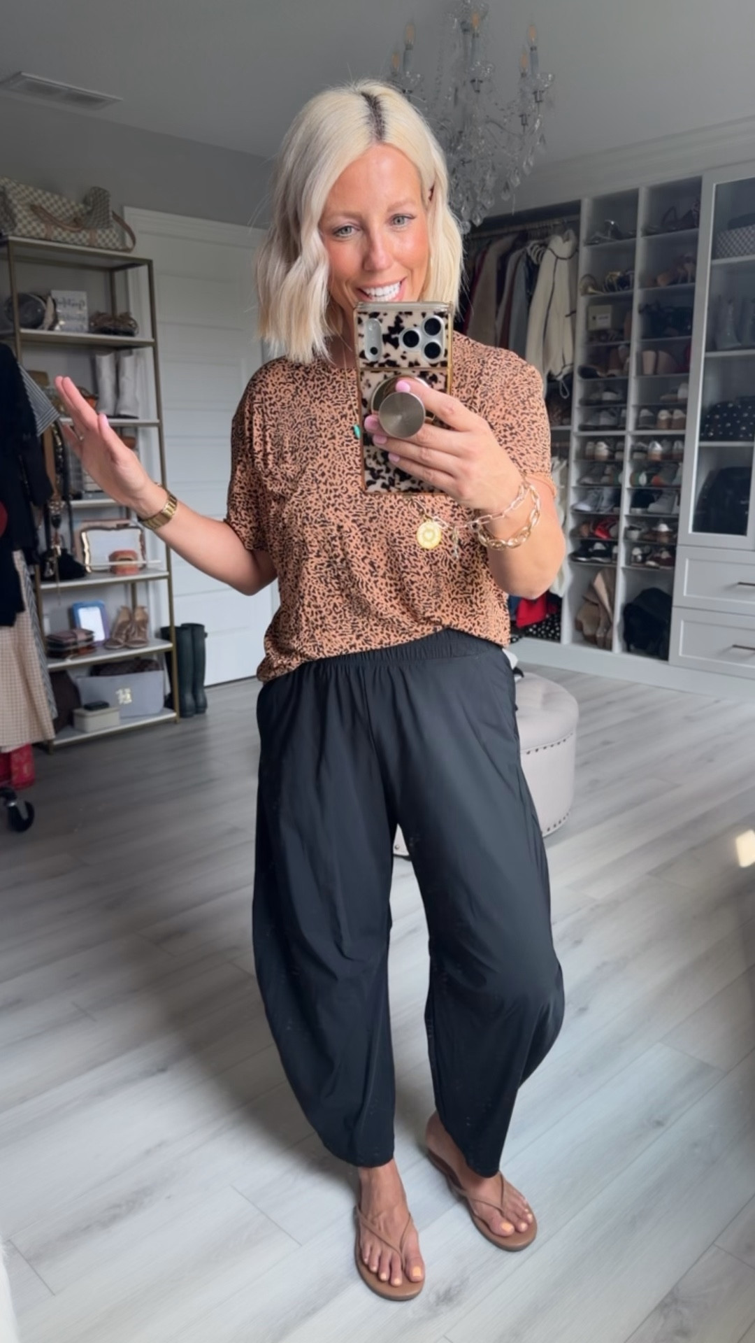 Comfy OOTD! These tees are SO good!! It comes in a 2 pack (the other one is solid black). Perfectly thin and slinky! 
⬇️⬇️⬇️
Tee sized up to medium
Pants small (run big)
Flip flops sized up

#LTKSaleAlert #LTKmomlife #LTKootd