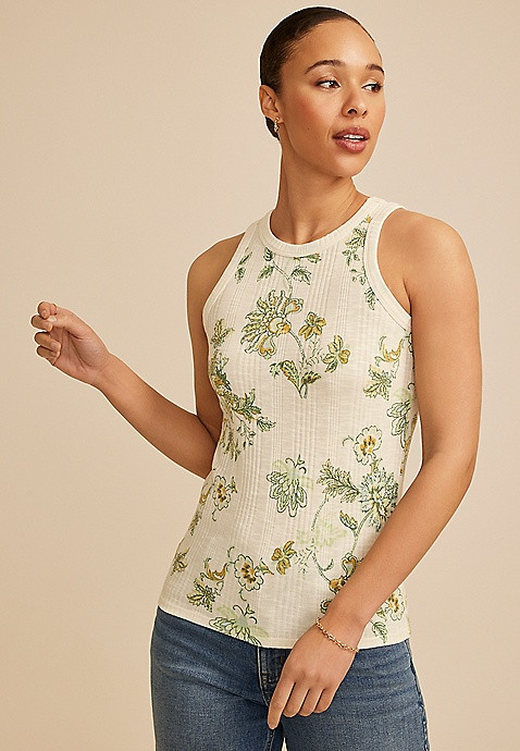 24/7 Variegated Floral Ribbed Highline Tank Top | Maurices