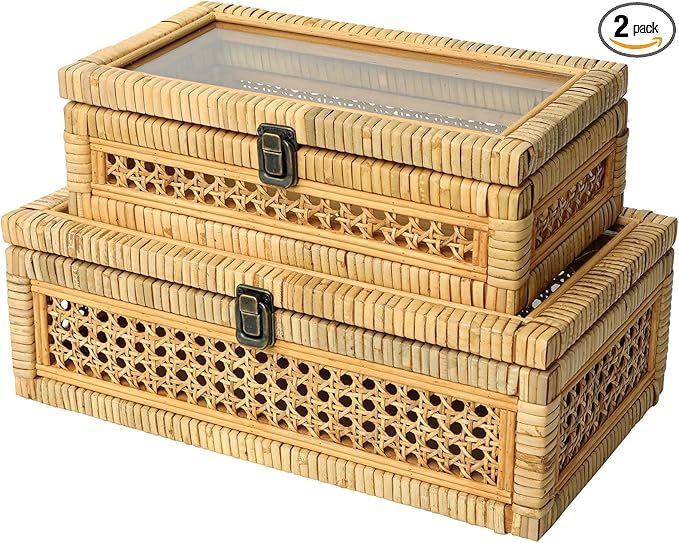 DECOR4SEASON Woven Cane and Rattan Decorative Rectangular Storage Organizer Basket Bin Boxes with... | Amazon (US)