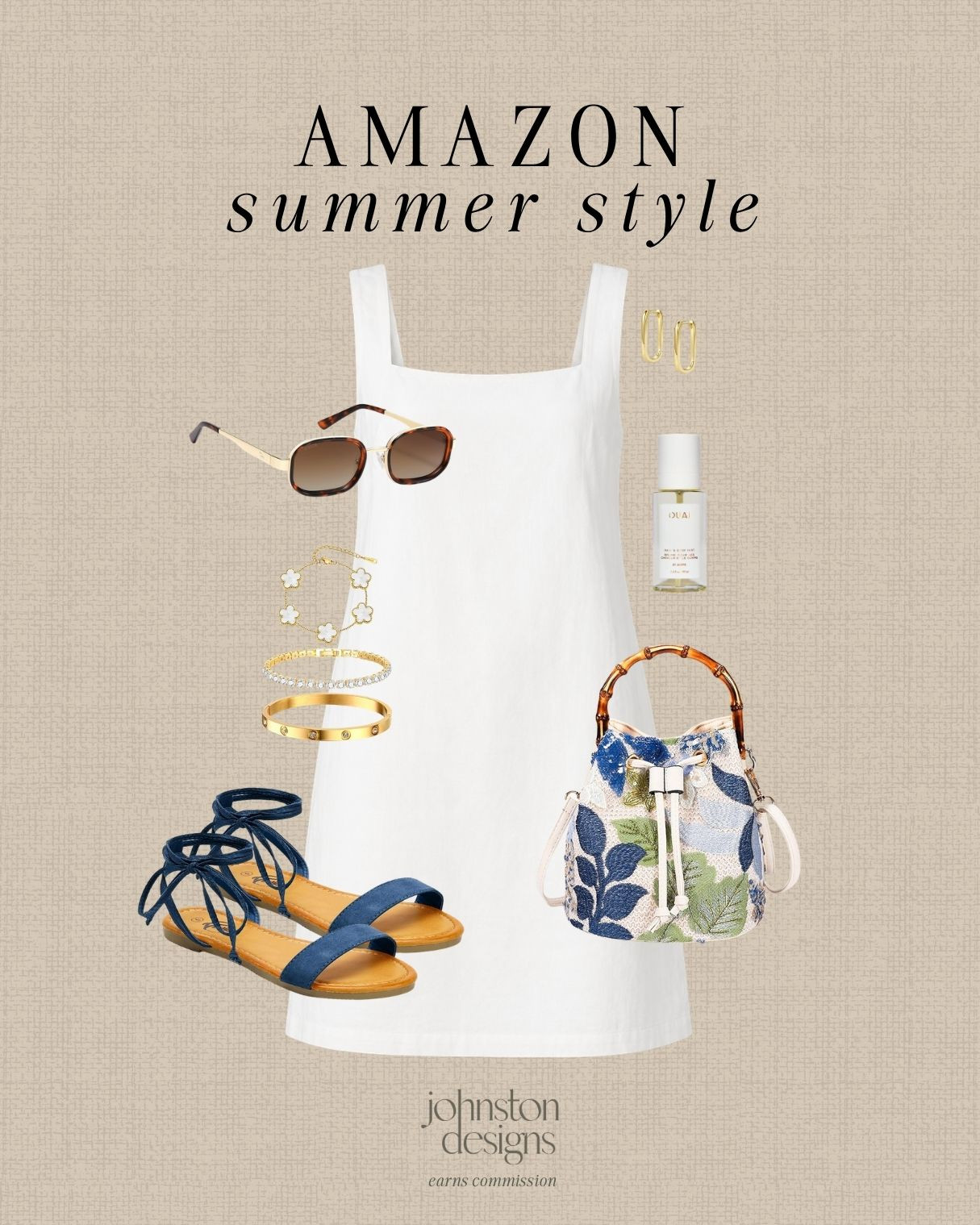 Amazon summer style with a simple white dress, blue lace-up sandals and pretty coastal accessories. 💙

Amazon summer dress, white mini dress, blue lace up sandals, floral bucket bag, tortoise sunglasses, gold hoop earrings, bracelet stack, OUAI perfume mist, casual summer style, vacation outfit idea, coastal outfit inspo, warm weather look, affordable Amazon fashion, chic everyday dress 

 #LTKootd #LTKSeasonal